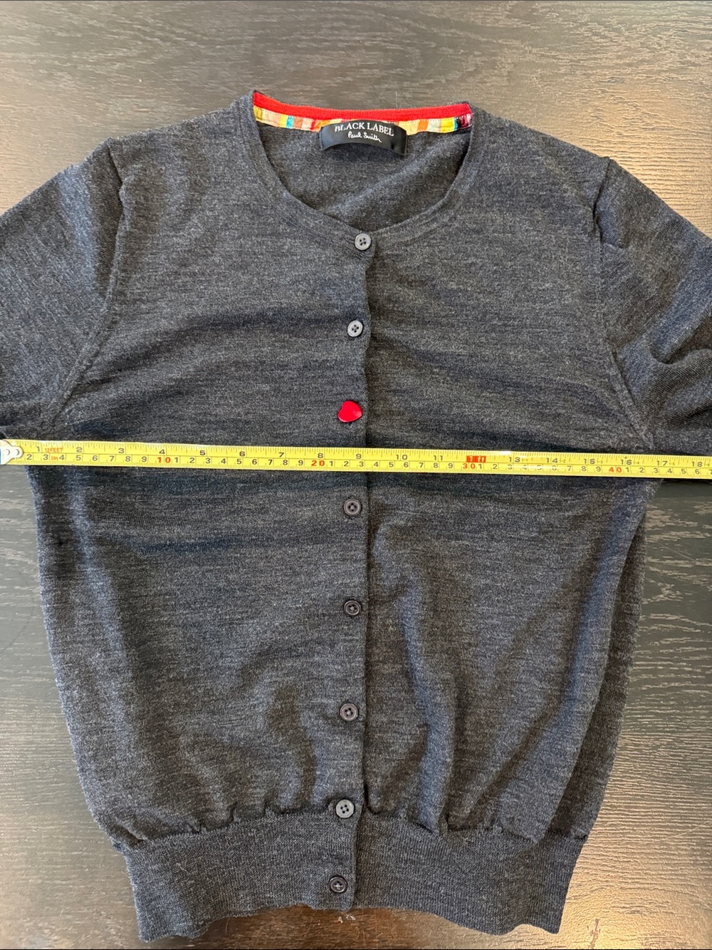 Paul Smith Black Label Charcoal Gray Cardigan with Red Heart Button - Picture 5 of 7